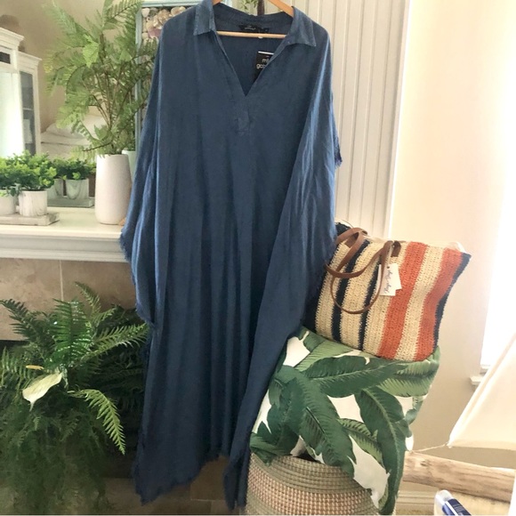 NWT! Chambray Blue Tattered Kaftan Dress - Picture 1 of 7